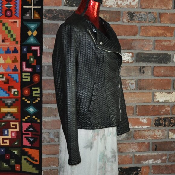 Karl Lagerfeld Paris Woven Texture Black Faux Leather Motorcycle Moto Jacket L - Picture 5 of 10